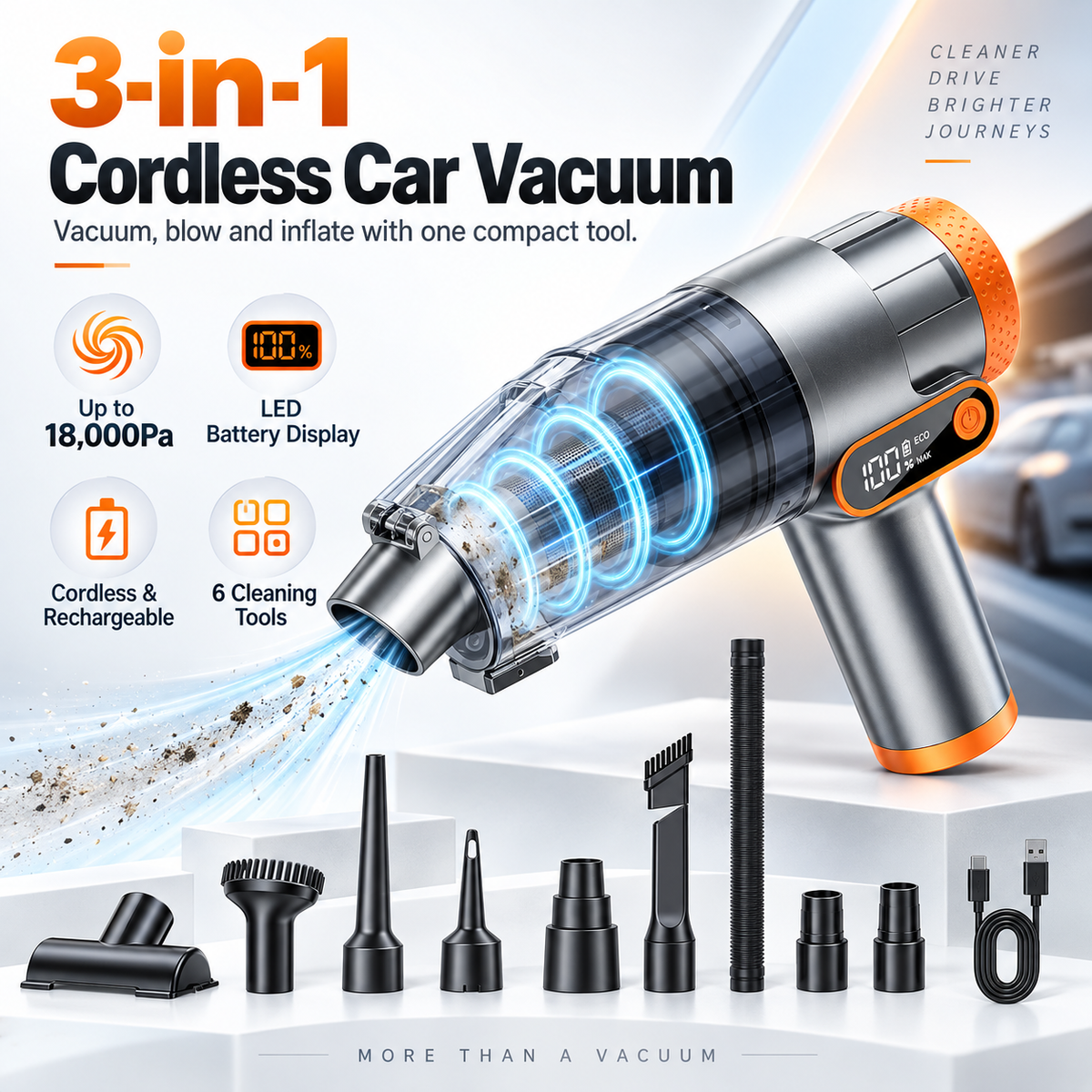 Cordless 3-in-1 car vacuum and accessory kit