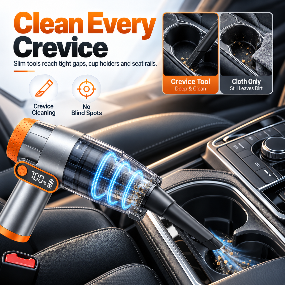 Crevice nozzle cleaning a car centre console