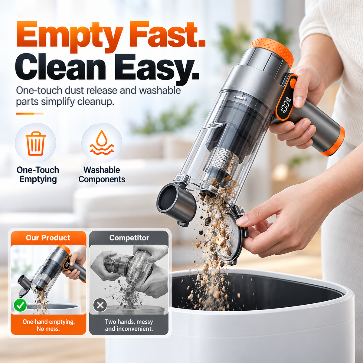 Quick-empty dust cup on the cordless car vacuum
