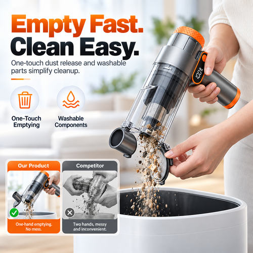 Quick-empty dust cup on the cordless car vacuum