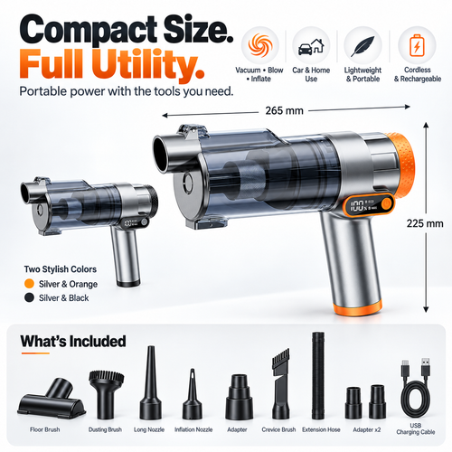 Cordless 3-in-1 car vacuum with included attachments