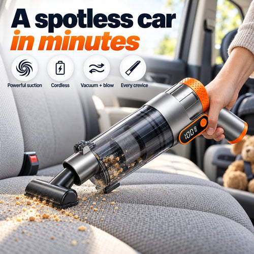 Cordless car vacuum cleaning crumbs from a car back seat